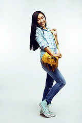 Image showing young pretty asian woman posing cheerful emotional isolated on white background, lifestyle people concept