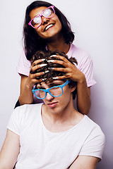 Image showing young couple of mixed races girlfriend and boyfriend having fun on white background, lifestyle teenage people concept