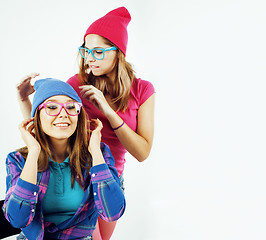 Image showing best friends teenage girls together having fun, posing emotional on white background, besties happy smiling, lifestyle people concept close up. making selfie