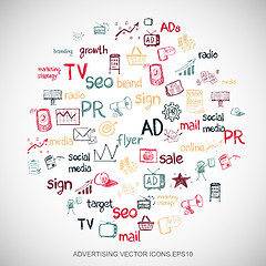 Image showing Multicolor doodles Hand Drawn Marketing Icons set on White. EPS10 vector illustration.