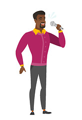 Image showing African businessman singing to the microphone.