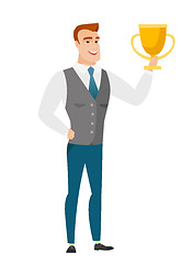 Image showing Caucasian business man holding a trophy.