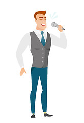 Image showing Caucasian businessman singing to the microphone.