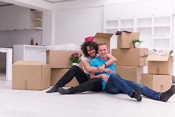 Image showing young  gay couple moving  in new house