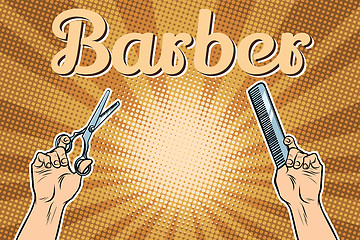 Image showing barber shop background, the hands with scissors and comb