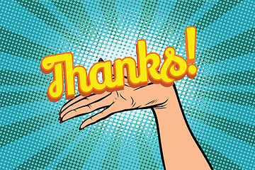 Image showing thanks word. Women open palm hand hold gesture