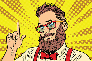 Image showing Bearded hipster man portrait pointing finger