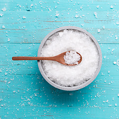 Image showing sea salt on wooden background