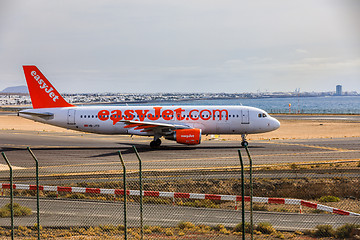 Image showing ARECIFE, SPAIN - APRIL, 15 2017: AirBus A320 of easyjet.com read