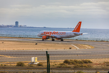 Image showing ARECIFE, SPAIN - APRIL, 15 2017: AirBus A320 of easyjet.com read