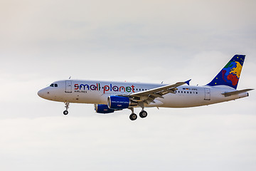 Image showing ARECIFE, SPAIN - APRIL, 15 2017: AirBus A320 of small planet wit