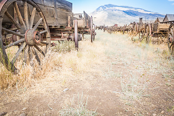 Image showing Abstract of Vintage Antique Wood Wagons and Wheels.