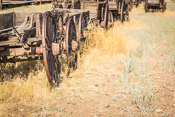 Image showing Abstract of Vintage Antique Wood Wagons and Wheels.