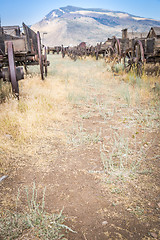 Image showing Abstract of Vintage Antique Wood Wagons and Wheels.