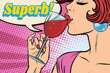 Image showing super reaction. Woman drinking red wine