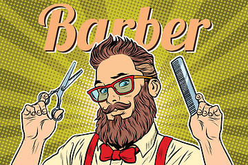 Image showing bearded hipster barber with scissors and comb