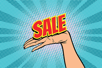 Image showing sale word. Women open palm hand hold gesture