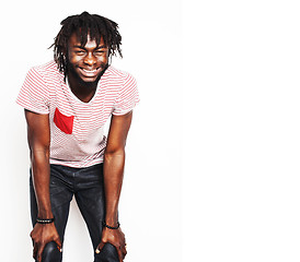 Image showing young handsome afro american boy, stylish hipster gesturing emotional isolated on white background smiling, lifestyle people concept