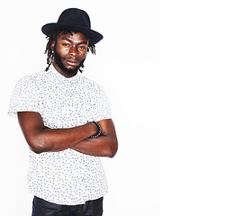 Image showing young handsome afro american boy in stylish hipster hat gesturin