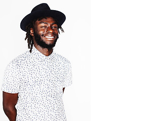 Image showing young handsome afro american boy in stylish hipster hat gesturin