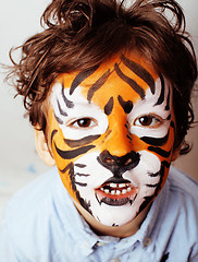 Image showing little cute boy with faceart on birthday party close up, little 