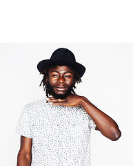 Image showing young handsome afro american boy in stylish hipster hat gesturin