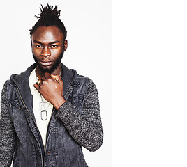 Image showing young handsome afro american boy, stylish hipster gesturing emotional isolated on white background smiling, lifestyle people concept