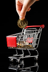 Image showing hand throws a bitcoin into trolley.