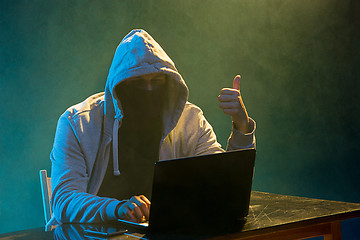 Image showing Hooded computer hacker stealing information with laptop