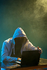 Image showing Hooded computer hacker stealing information with laptop