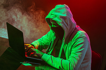 Image showing Hooded computer hacker stealing information with laptop