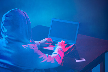 Image showing Hooded computer hacker stealing information with laptop