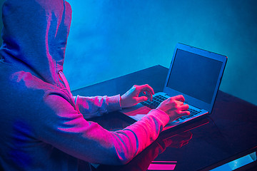 Image showing Hooded computer hacker stealing information with laptop