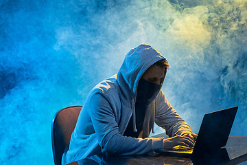 Image showing Hooded computer hacker stealing information with laptop