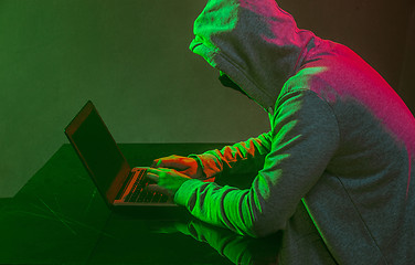 Image showing Hooded computer hacker stealing information with laptop