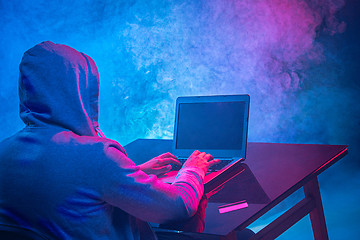 Image showing Hooded computer hacker stealing information with laptop