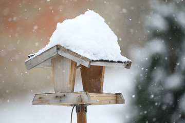 Image showing simple bird feeder in winter garden