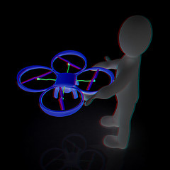 Image showing 3d man with drone, quadrocopter, with photo camera. 3d render. 3