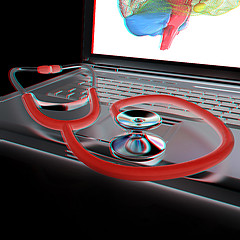 Image showing Laptop, brain and Stethoscope. 3d illustration. Anaglyph. View w