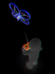 Image showing 3d man with drone, quadrocopter, with photo camera. 3d render. 3