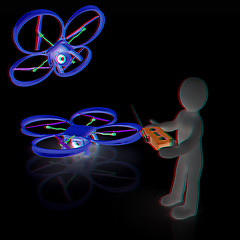 Image showing 3d man with drone, quadrocopter, with photo camera. 3d render. 3