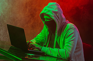 Image showing Hooded computer hacker stealing information with laptop