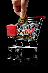 Image showing hand throws a bitcoin into trolley.