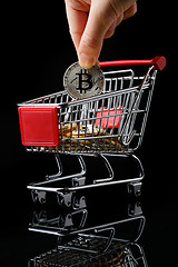 Image showing hand throws a bitcoin into trolley.