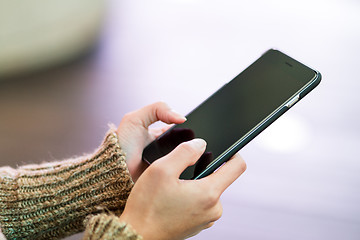 Image showing Woman sending text message on cellphone