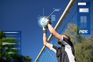 Image showing goalkeeper with ball at football goal on field