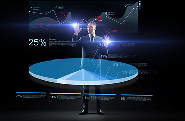 Image showing businessman in suit working with virtual pie chart