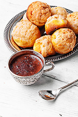 Image showing profiteroles dessert and hot chocolate