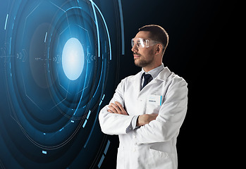 Image showing scientist in lab goggles with virtual projection