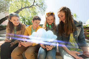 Image showing happy teenage friends with smartphones outdoors